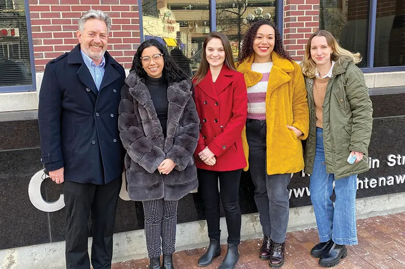 Pictured with Professor Michael Steinberg are, from left to right, Nina Gerdes, Susan Fleurant, Alexandria Nichols, and Laura Durand.