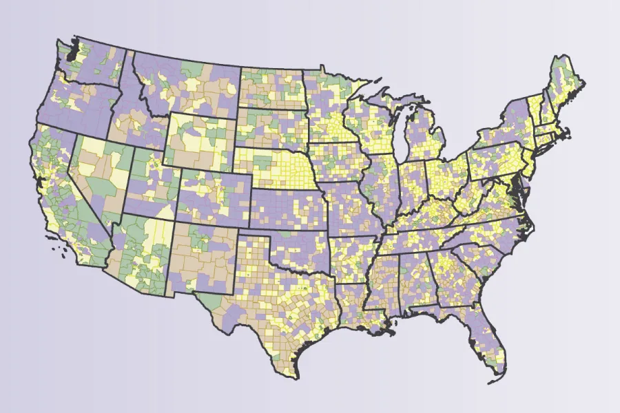 Health Professional Shortage Areas (HPSA)  in primary care exist in geographic areas (green) and among population groups such as low-income people (purple). Tan areas of the map indicate high needs in the geographic region, while yellow is used in areas that are not primary-care HPSAs.