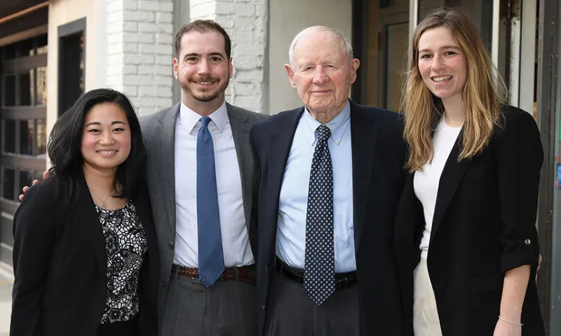 Bob Fiske, ’55, visited Ann Arbor to congratulate 2023 Fiske Fellows Megan Donnelly, ’23, Shay Collins, ’23, and Julia Hooks, ’23 (pictured from left). Rebecca Conway, ’22, who is currently clerking on the US District Court for the Southern District of West Virginia, is also a 2023 recipient. The Fiske Fellowship provides recent graduates entering into government service with a cash stipend and covers  all undergraduate and law school loan payments for a period  of three years.
