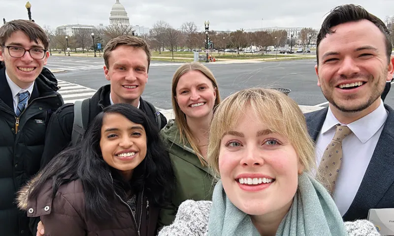 This winter, two teams from Michigan Law competed at the Global Antitrust Institute Invitation Moot Court Competition in Washington, DC. The teams argued complex merger and antitrust conduct issues before attorneys from leading law firms and government agencies. Pictured, from left, are Benjy Apelbaum, a 2L; Wesley Ward, ‘23; Neena Menon, a 2L; Lauren Gallagher, ‘23; Kate Buggs, ‘23; and Frank Schulze, a 2L.