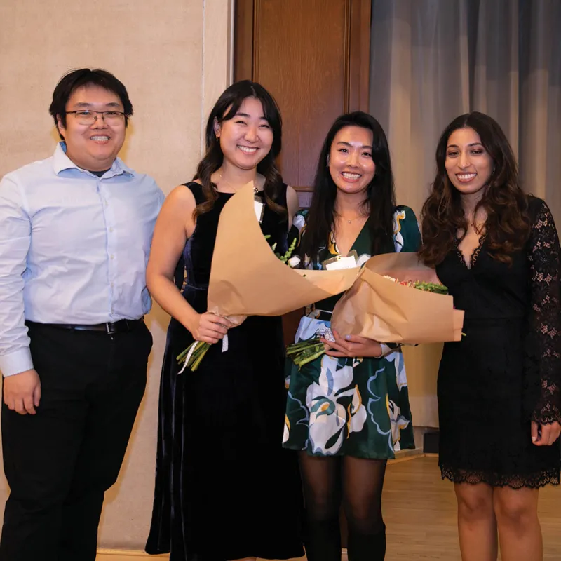 Lora Zuo (center left) and Sarah Choe received the Public Interest Fellowship at the annual Origins Banquet, hosted by the Asian Pacific American Law Students Association, on March 24. They are flanked by past recipients Matthew Feng, ’23, and Zainab Bhindarwala, a rising 3L. Zuo is spending the summer at the Northwest Immigrant Rights Project in Seattle, in the Naturalization Unit. Choe is a summer law clerk in the Public Defender Service for the District of Columbia, serving  in the Special Education Divi