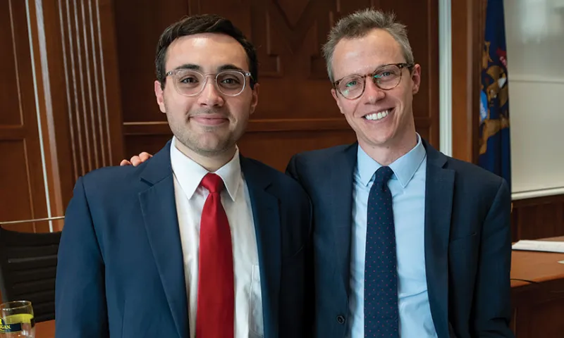 Mark Rucci, ‘23, left, won the 98th Henry M. Campbell Moot Court Competition in March. He and finalist Gabe Chess, ‘23, argued this year’s case, which concerned alleged violations of the Consumer Financial Protection Act, in front of judges from the US Courts of Appeals for the Sixth and Seventh Circuits and the Supreme Court of California. 