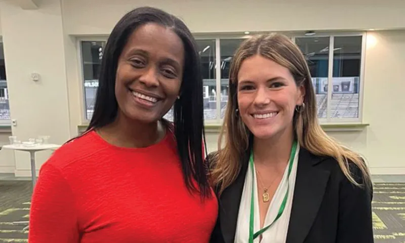 Hallie Alitz, a 2L, traveled to New Orleans in February for Tulane University Law School’s Women in Sports Law Symposium. The event examined key issues in women’s sports, including the legal questions related to equal pay in professional sports. She is pictured on the right with Swin Cash, a former WNBA star who is now the vice president  of basketball operations and  team development for the  New Orleans Pelicans. 