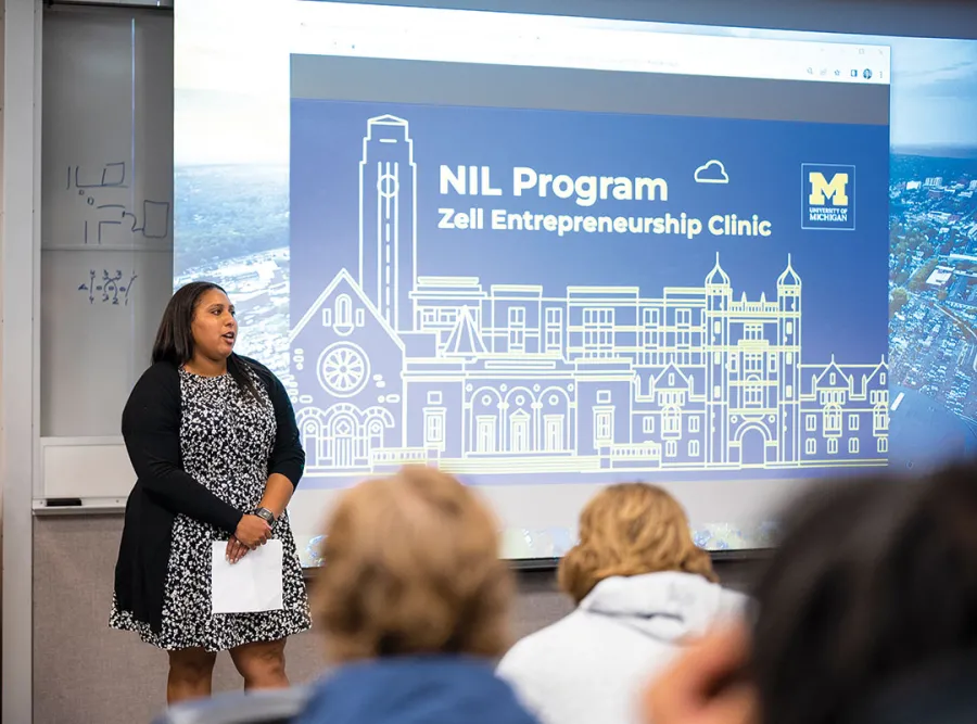 Spring 2023 Feature Athletes as Entrepreneurs The Pitch 001 Danielle Davison, U-M’s assistant athletic director for NCAA rules and NIL education compliance made presentations to several teams this past year to help them understand NIL opportunities and how the clinic could help.