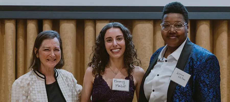 At the Jenny Runkles Banquet on March 11, sponsored by the Women Law Students Association, Professor from Practice Barbara McQuade, ’91, presented the Jenny Runkles Memorial Award to Emmy Maluf (center) and Jessica Nelson (right). Breezy Adams, who was not able to attend the banquet and is pictured separately, also received the award. Maluf is spending the summer with the ACLU Voting Rights Project in New York. Nelson is working at Community Legal Aid in Springfield, Massachusetts, this summer. 