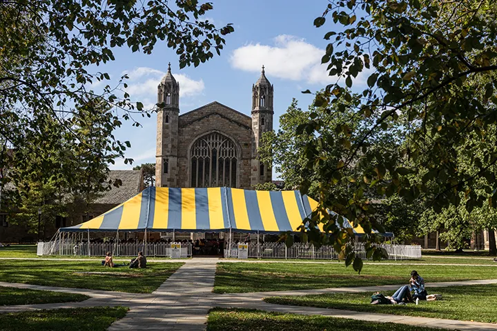 A large tent has been set up in the Law Quad.