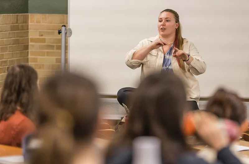 Courtney Petersen teaching students in a Michigan Law classroom.