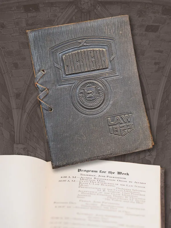 A leather-bound invitation booklet to the 1923 Commencement Week.