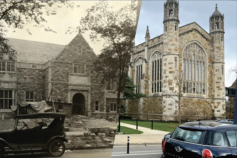 The Lawyers Club in the 1920s side-by-side with the building in 2024.