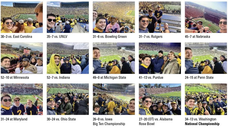 A series of photos that show Michigan Law student Zach Antin, ’24 at all the 2023 Michigan Wolverines Football games.