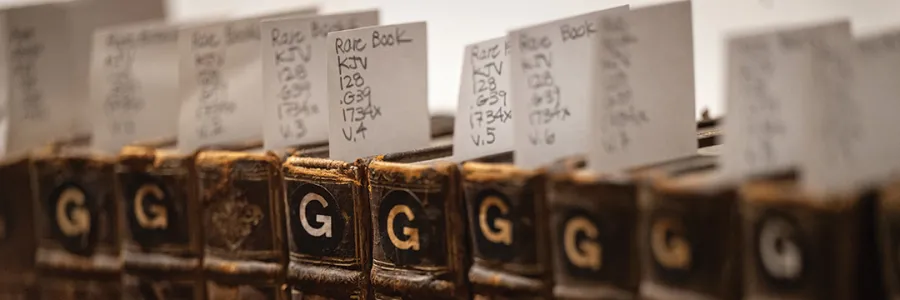 A row of books in the Michigan Law Library's Rare Book Collection