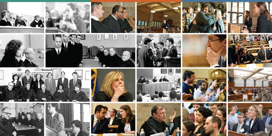 Collage celebrating the history of the Campbell Moot Court, featuring courtrooms, attorneys, judges, and moot court activities over the years. Collage celebrating the history of the Campbell Moot Court, featuring courtrooms, attorneys, judges, and moot court activities over the years.