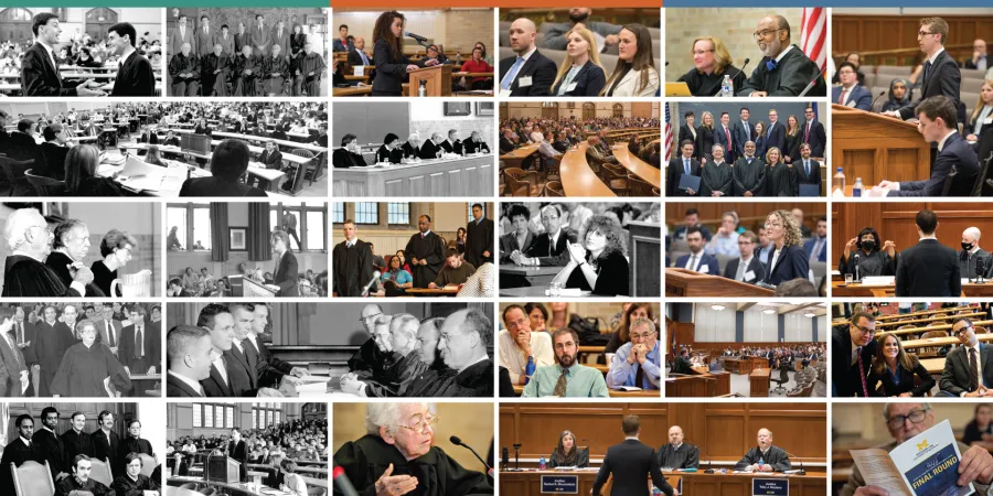 Collage celebrating the history of the Campbell Moot Court, featuring courtrooms, attorneys, judges, and moot court activities over the years. Collage celebrating the history of the Campbell Moot Court, featuring courtrooms, attorneys, judges, and moot court activities over the years.