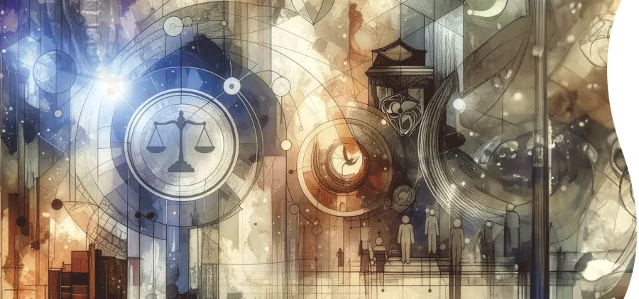 Abstract illustration with geometric designs, law-related symbols, and pillars.