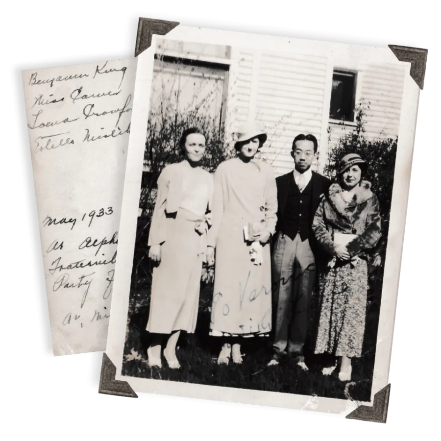 Benjamin King and Estelle Veronica Mislik Mears in front of the former Alpha Lambda Chinese fraternity