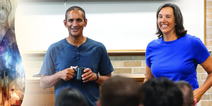 Professors Bridgette Carr, ’02, and Vivek Sankaran, ’01 teaching