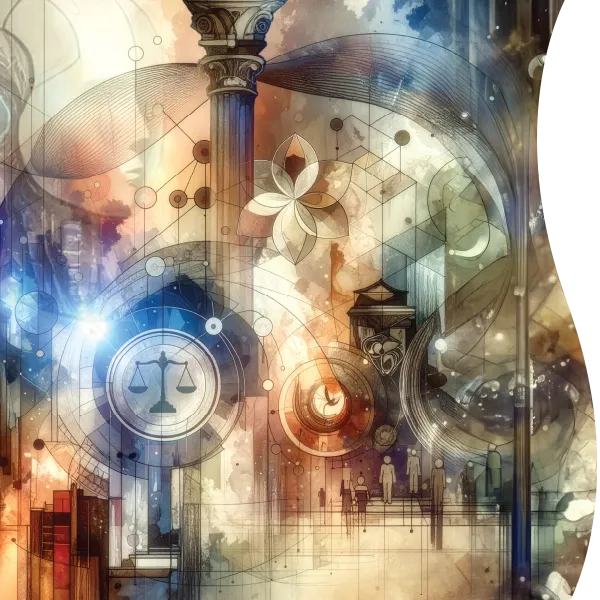 Abstract illustration with geometric designs, law-related symbols, and pillars.