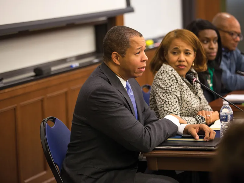 Panelists Aaron Lewis, ’05, Leslie Overton, ’94, Laura Kupe, ’13, and Broderick Johnson, ’83, discuss their roles in the Obama administration.