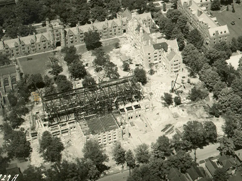 The Law Quad under construction, as seen from the air.