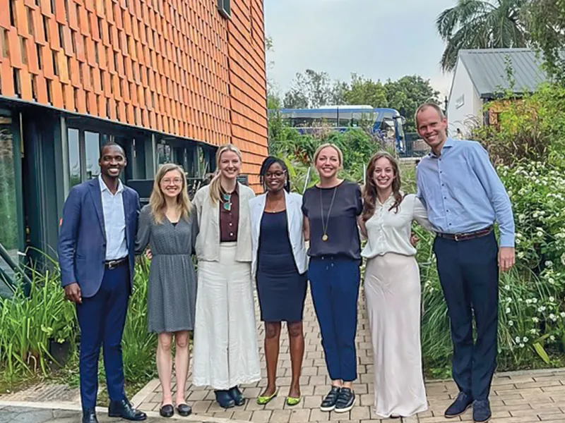 Clinic students met with members of the BioMassters team and their Rwandan counsel. From left to right are Itete Mugagga Emmanuel, partner at Fountain Advocates; students Jessica Carter and  Lindsey Corbett; Nana M. Distelle, associate at Fountain Advocates; Claudia Muench, CEO of BioMassters Ltd.; student Emily Unger; and Jan de Graaf, COO of BioMassters Ltd.