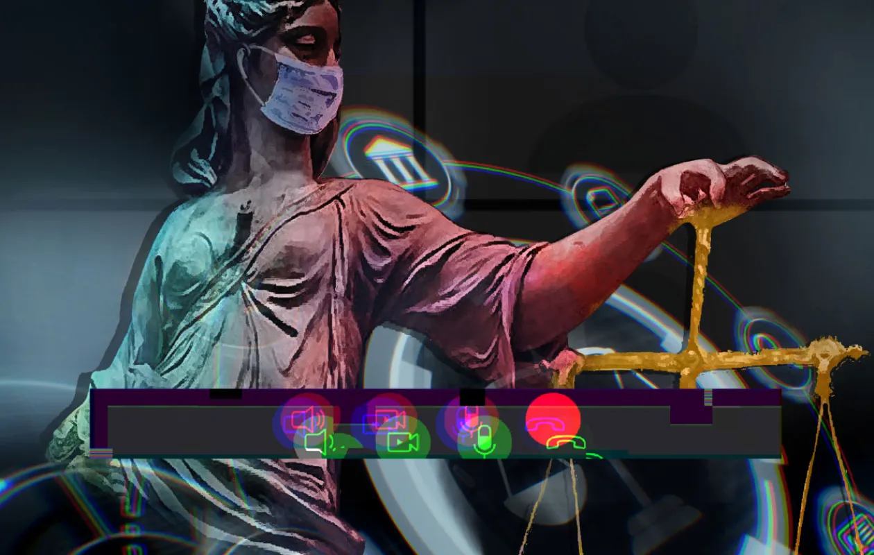 Pixelated and digitized image of Lady Justice holding the scales. This is the cover image for the story "Can COVID-19 Help Expand Access to Justice?"