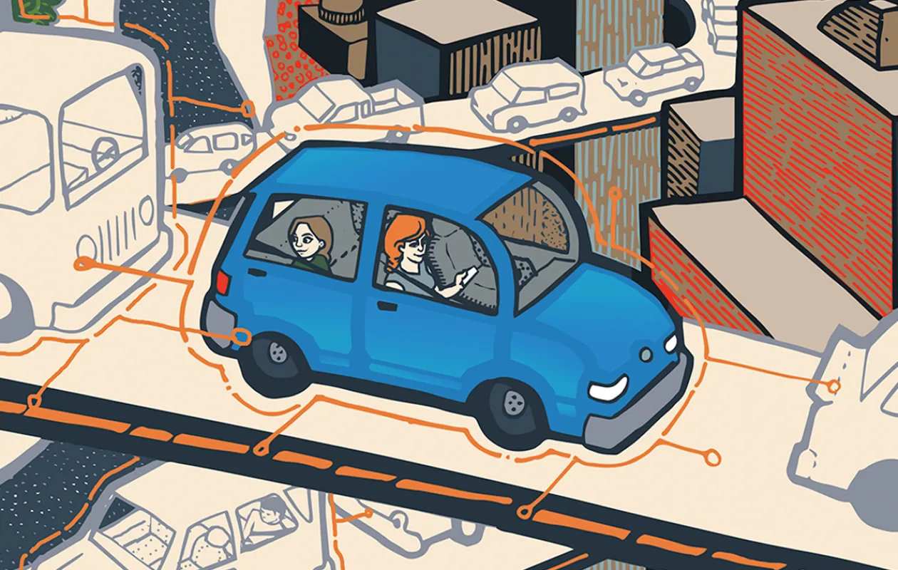 Illustration of a car driving over a highway. The car is blue, and the rest of the scene is muted in color.