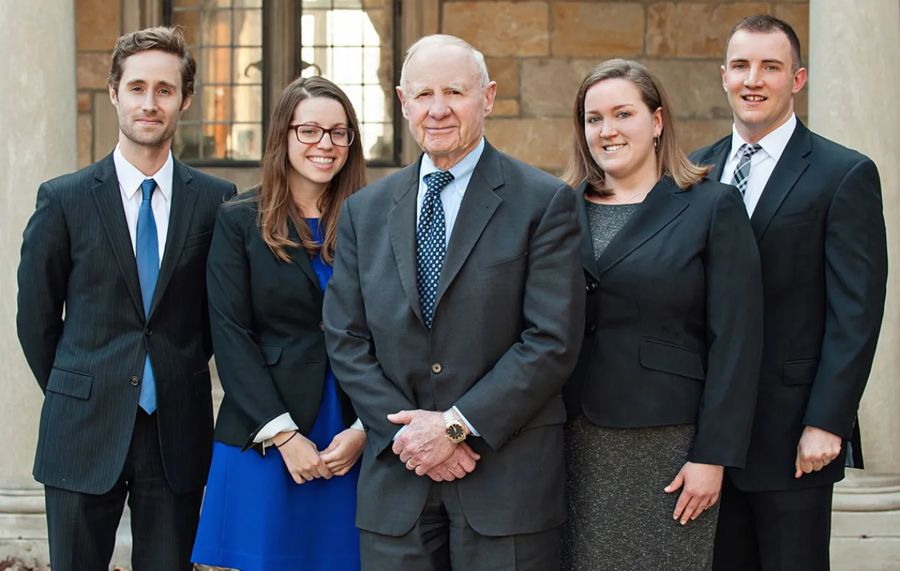 Robert Fiske, ’55, with the 2014 Fiske Fellows (left to right): Samuel Hall, ’13, Elizabeth Grossman, ’12, Meredith Garry, ’13, and Austin Hakes, ’12.
