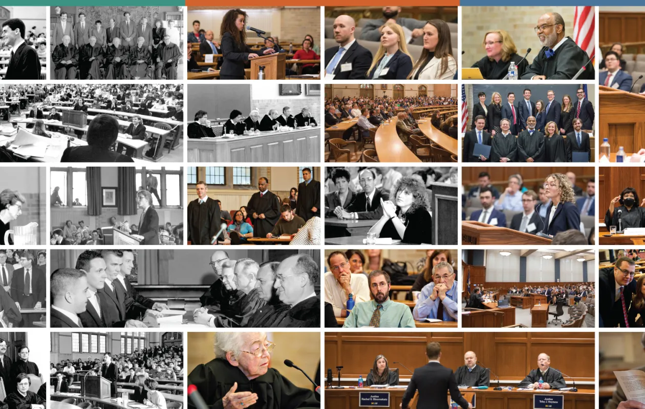 Collage celebrating the history of the Campbell Moot Court, featuring courtrooms, attorneys, judges, and moot court activities over the years.