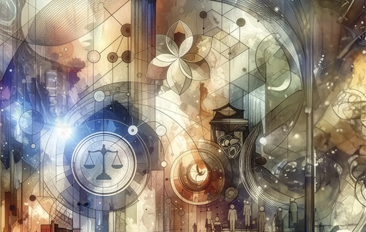 Abstract illustration with geometric designs, law-related symbols, and pillars.