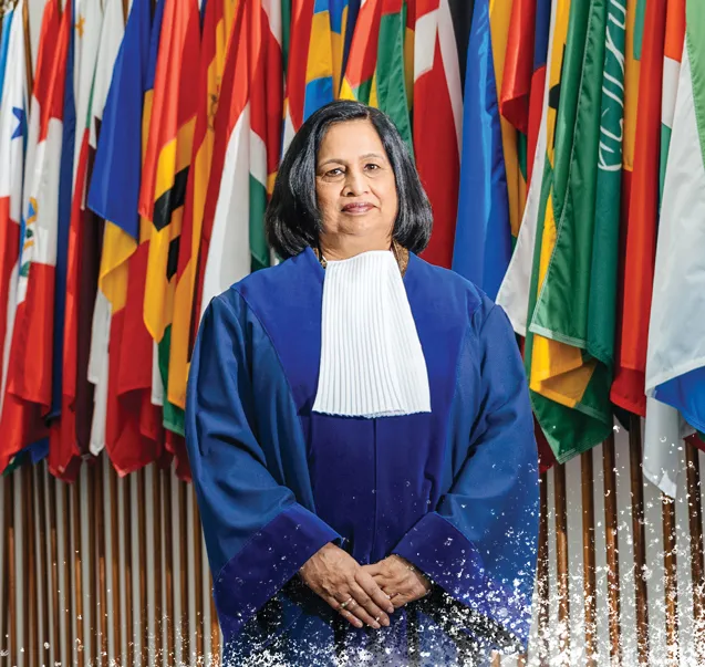 Neeru Chadha in front of flags