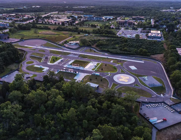Aerial view of a driverless, test center site in Ann Arbor