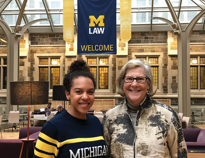 Editorial Exchange  3L Megan L. Brown, the first African American editor of the Michigan Law Review, and Sally Katzen Dyk, ’673L Megan L. Brown, the first African American editor of the Michigan Law Review, and Sally Katzen Dyk, ’67, the first female editor of the Law Review, met and reflected on their roles during Homecoming Weekend.