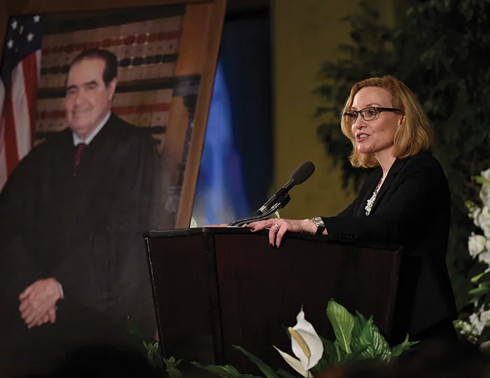 Justice Joan Larsen of the Michigan Supreme Court, an adjunct professor  at Michigan Law and a former clerk for the late Associate Justice of the  U.S. Supreme Court Antonin Scalia, speaks at his memorial service.