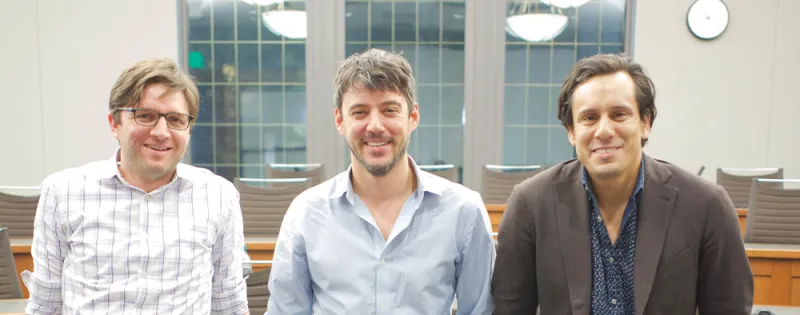 James Blakemore, ’13 (left), and Josh Garcia, ’13 (right), with their business partner, Zachary Fallon.