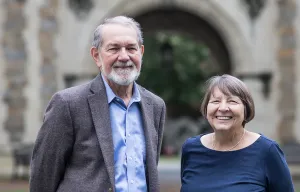 Julie Metzger and Sam Bufford standing in front of building