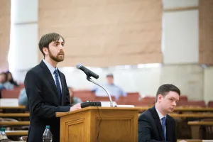 Moot Court Moot Court speaker speaking behind podium