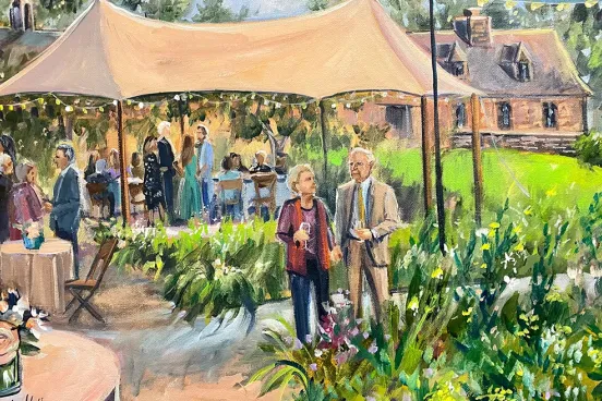 Painting of a couple walking through a garden