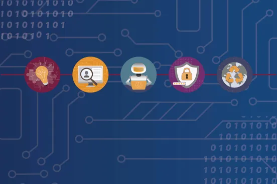 Icons representing the story. This is a lightbulb, a computer screen with a magnifying glass, a robot at a computer, a lock icon, and recycle icon