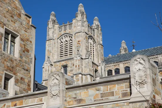 Beauty image of on of the gothic looking towers from the courtyard at the University of Michigan Law School 