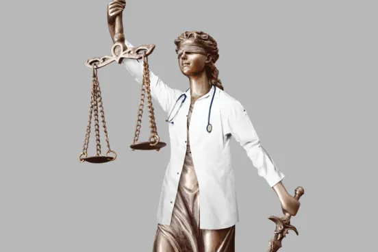 Lady Justice with a medical coat on