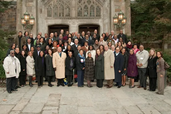 Alumni reunion attendees on the steps of the Reading Room.