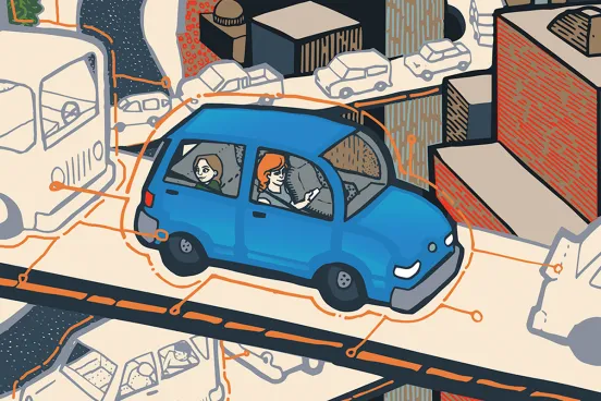 Illustration of a car driving over a highway. The car is blue, and the rest of the scene is muted in color.