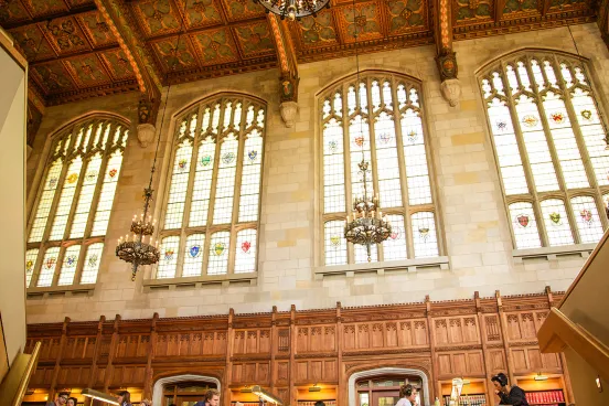 Beautiful image of the law school reading room windows from when you're walking up from the underground library