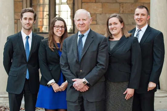 Robert Fiske, ’55, with the 2014 Fiske Fellows (left to right): Samuel Hall, ’13, Elizabeth Grossman, ’12, Meredith Garry, ’13, and Austin Hakes, ’12.