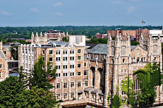 Day time aerial view of University of Michigan Law School 