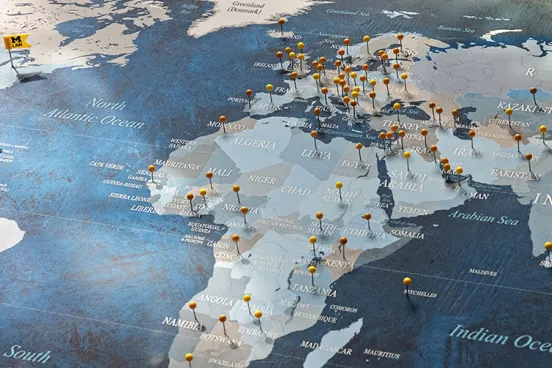 A map with pins marking different locations.