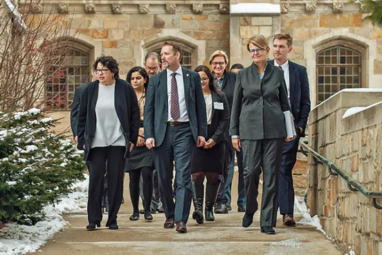 In 2017, the Law School hosted US Supreme Court Associate Justice Sonia Sotomayor, in conversation with Susanne Baer, ’93, who at the time was a justice on the German Supreme Court. Then Dean Mark West is pictured (center) with Sotomayor (left) and Baer (right).