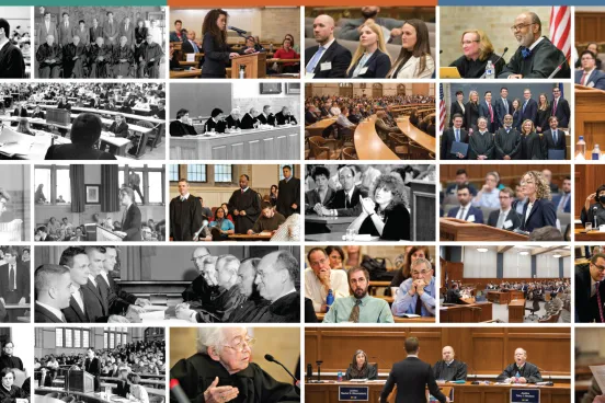 Collage celebrating the history of the Campbell Moot Court, featuring courtrooms, attorneys, judges, and moot court activities over the years. Collage celebrating the history of the Campbell Moot Court, featuring courtrooms, attorneys, judges, and moot court activities over the years.