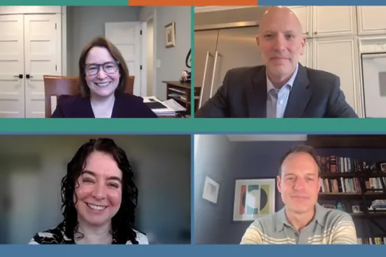 A virtual meeting featuring four participants in a grid layout, each in different home office settings.