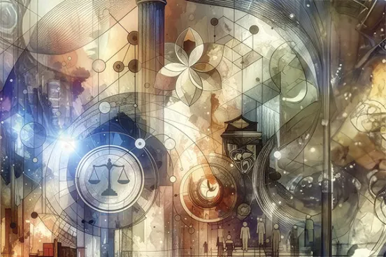 Abstract illustration with geometric designs, law-related symbols, and pillars.
